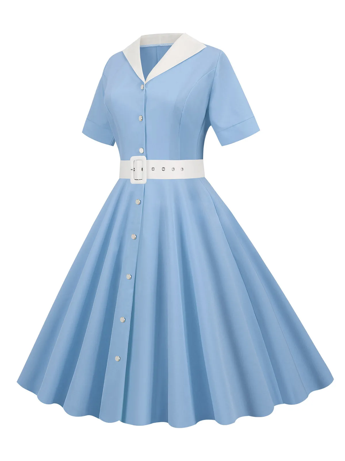 1950s Solid Contrast Lapel Belt Dress