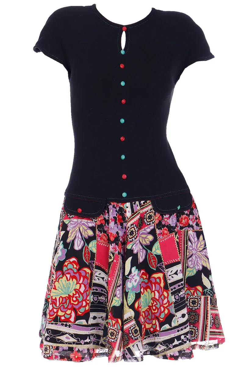 1990s Louis Feraud Drop Waist Patchwork Print Dress