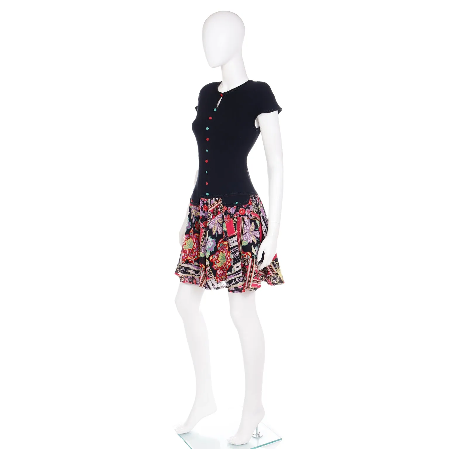 1990s Louis Feraud Drop Waist Patchwork Print Dress