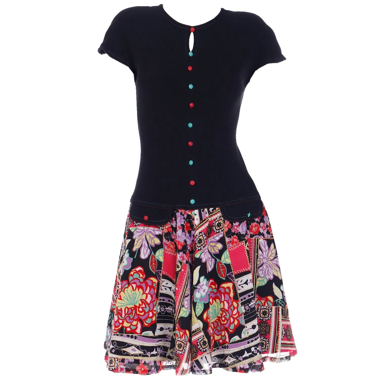 1990s Louis Feraud Drop Waist Patchwork Print Dress