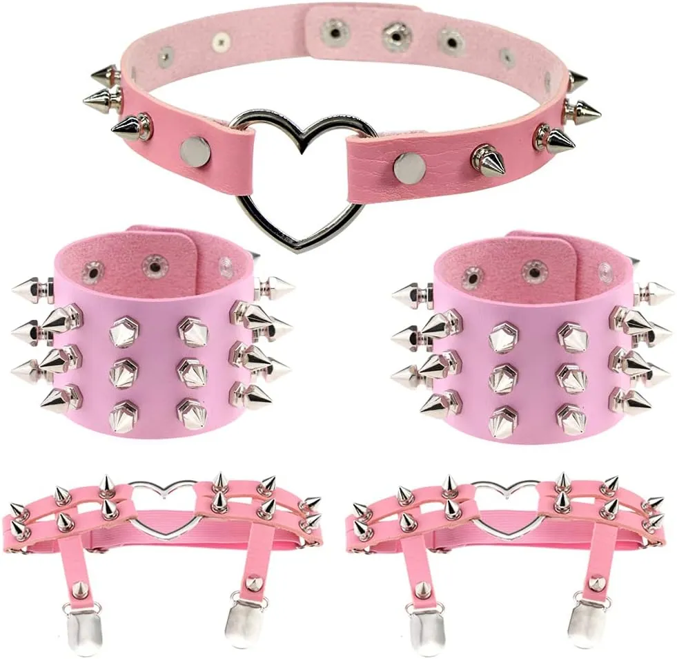 5Pcs Women Leather Garters Girl Punk Leather Choker Necklace Cuff Bracelets Sets