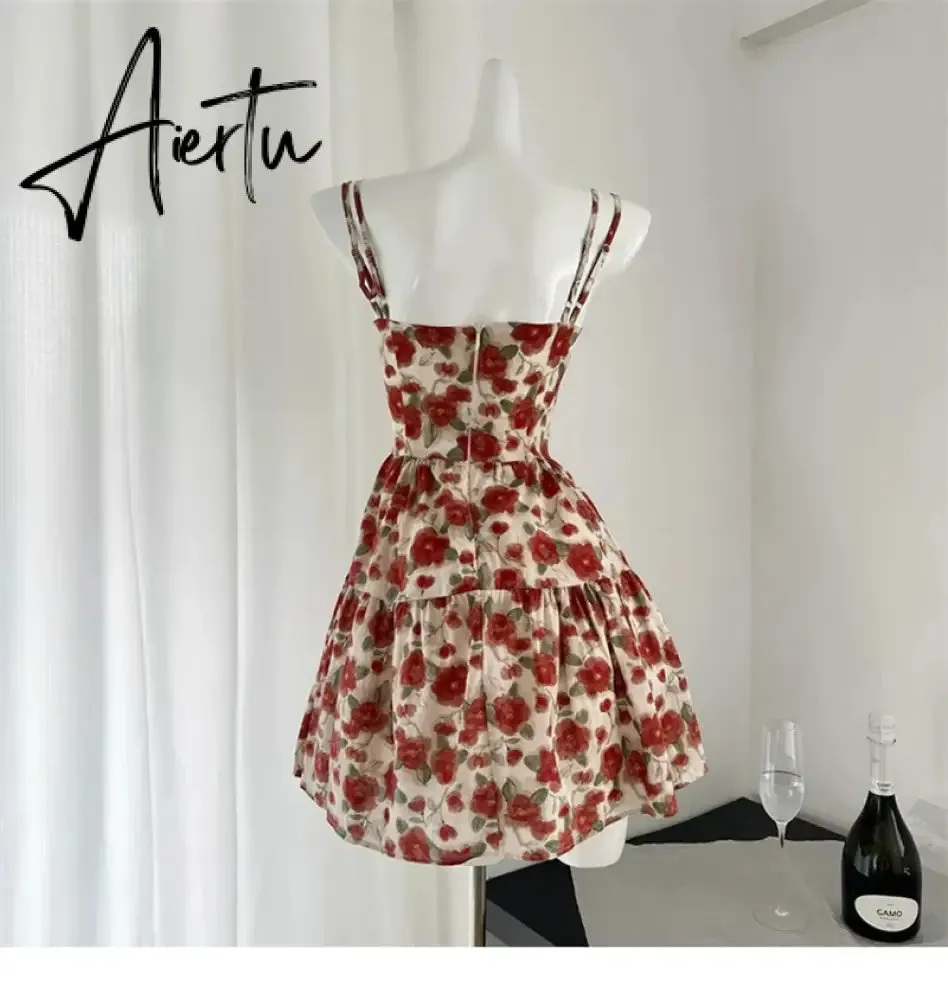 Aiertu Harajuku Design Spaghetti Strap Dress Sleeveless Elegant Patchwork Sexy Red Bow Floral Dress Women Fairy Dress Sweet Romantic
