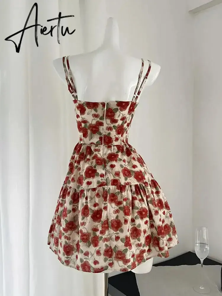 Aiertu Harajuku Design Spaghetti Strap Dress Sleeveless Elegant Patchwork Sexy Red Bow Floral Dress Women Fairy Dress Sweet Romantic