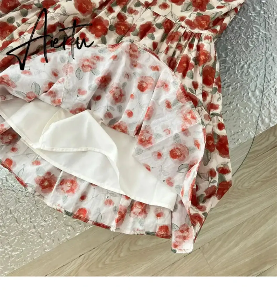 Aiertu Harajuku Design Spaghetti Strap Dress Sleeveless Elegant Patchwork Sexy Red Bow Floral Dress Women Fairy Dress Sweet Romantic