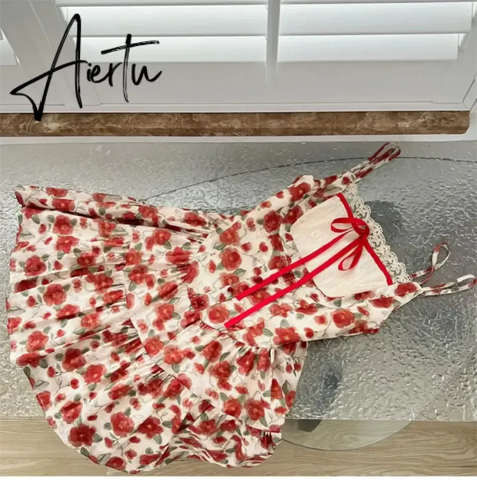 Aiertu Harajuku Design Spaghetti Strap Dress Sleeveless Elegant Patchwork Sexy Red Bow Floral Dress Women Fairy Dress Sweet Romantic