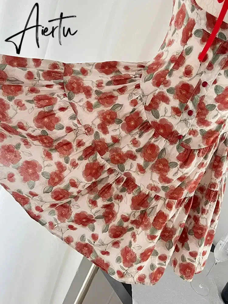 Aiertu Harajuku Design Spaghetti Strap Dress Sleeveless Elegant Patchwork Sexy Red Bow Floral Dress Women Fairy Dress Sweet Romantic