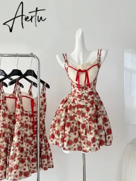 Aiertu Harajuku Design Spaghetti Strap Dress Sleeveless Elegant Patchwork Sexy Red Bow Floral Dress Women Fairy Dress Sweet Romantic