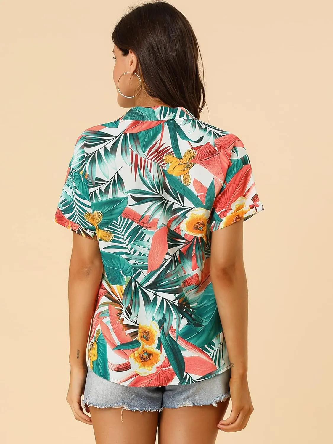Allegra K Women's Hawaiian Shirt Floral Leaves Printed Short Sleeve Top Tropical Button Down Shirt Summer Fashion 2024