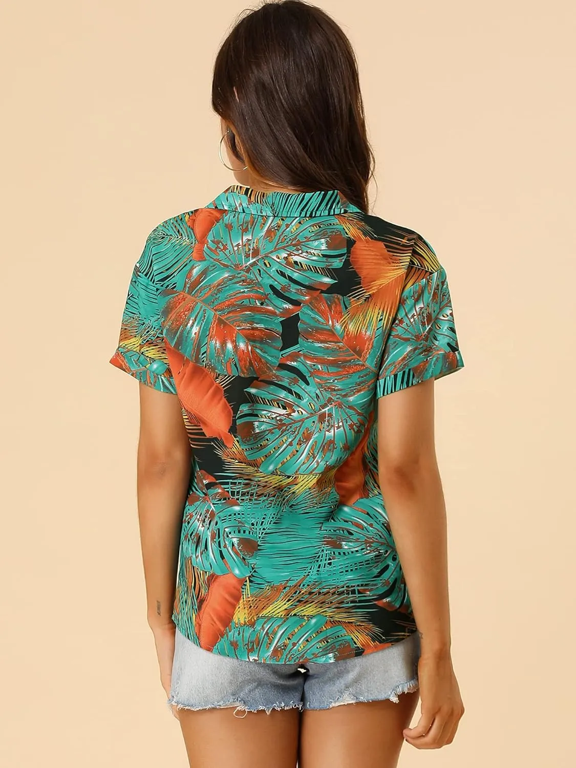 Allegra K Women's Hawaiian Shirt Floral Leaves Printed Short Sleeve Top Tropical Button Down Shirt Summer Fashion 2024