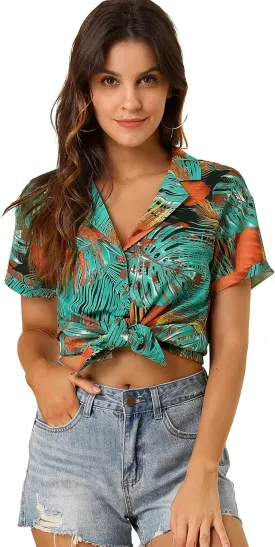Allegra K Women's Hawaiian Shirt Floral Leaves Printed Short Sleeve Top Tropical Button Down Shirt Summer Fashion 2024