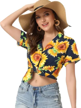 Allegra K Women's Hawaiian Shirt Floral Leaves Printed Short Sleeve Top Tropical Button Down Shirt Summer Fashion 2024