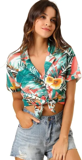 Allegra K Women's Hawaiian Shirt Floral Leaves Printed Short Sleeve Top Tropical Button Down Shirt Summer Fashion 2024