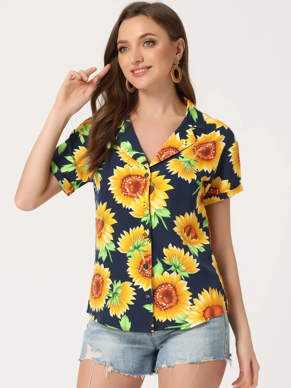 Allegra K Women's Hawaiian Shirt Floral Leaves Printed Short Sleeve Top Tropical Button Down Shirt Summer Fashion 2024