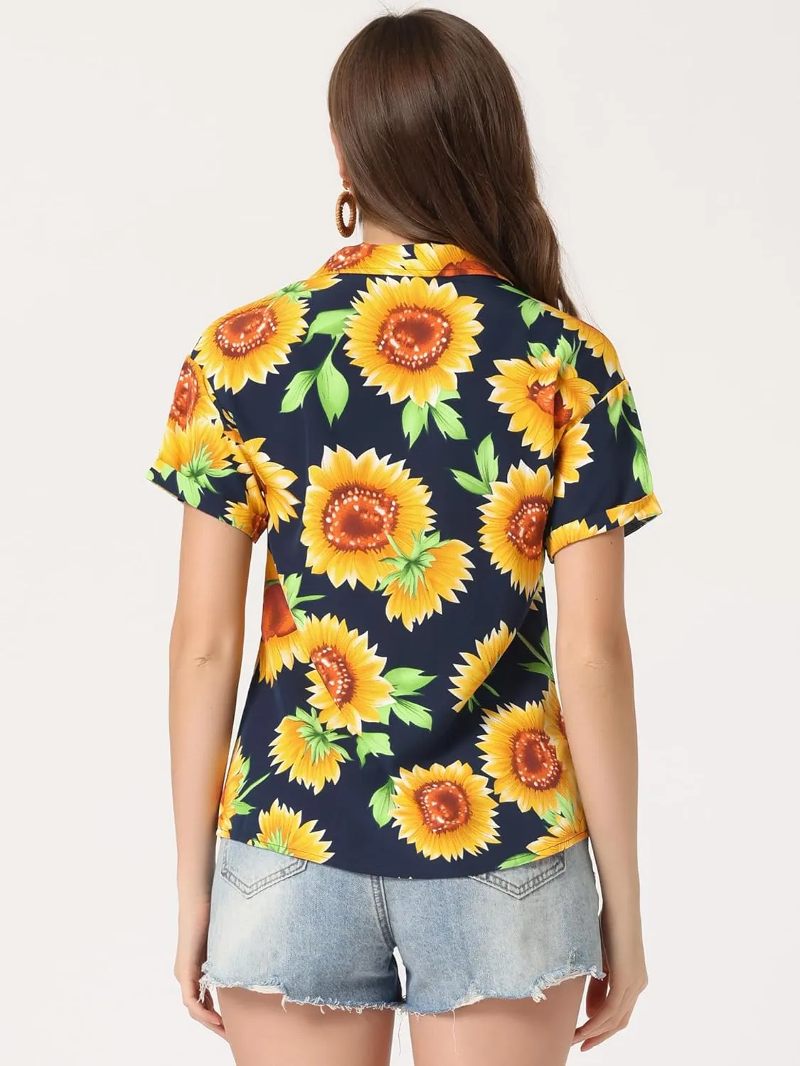 Allegra K Women's Hawaiian Shirt Floral Leaves Printed Short Sleeve Top Tropical Button Down Shirt Summer Fashion 2024