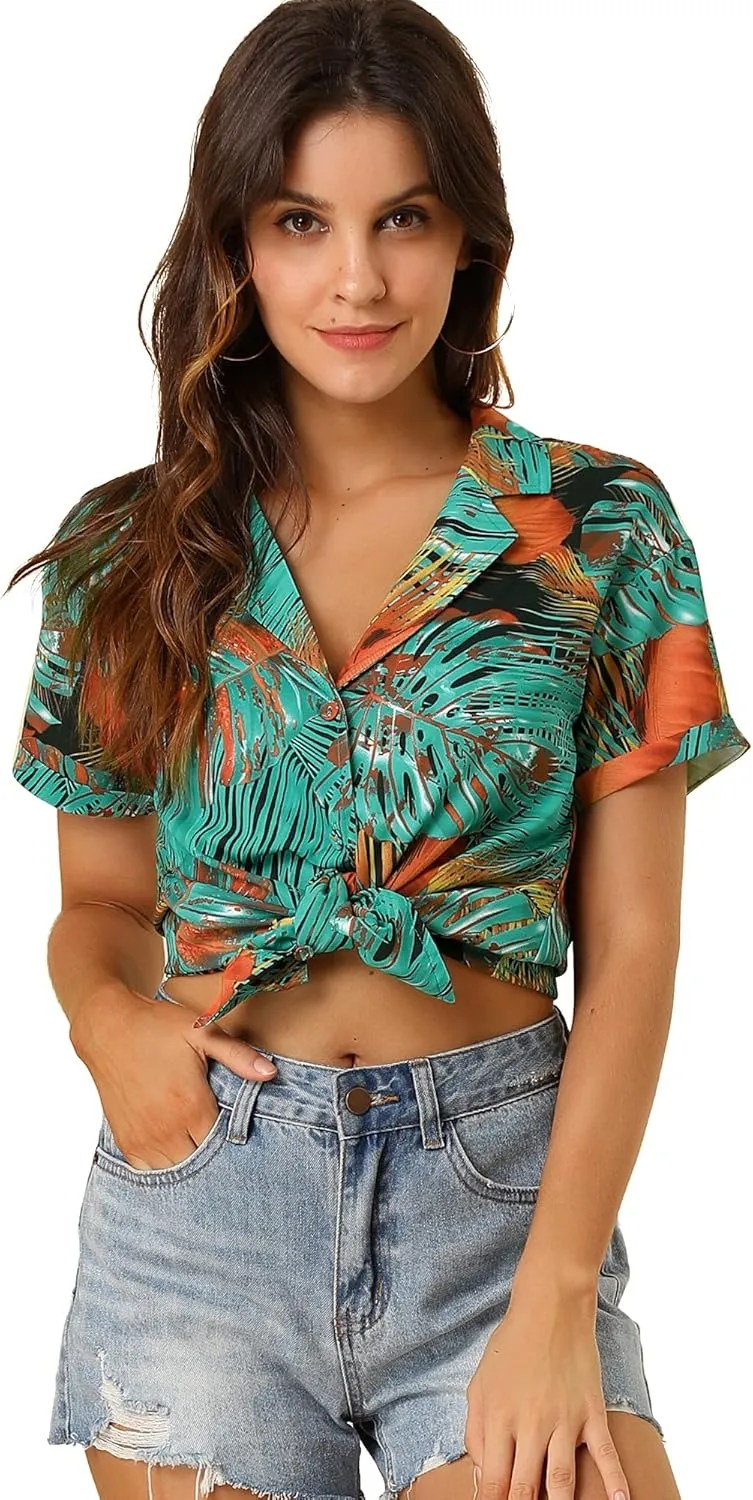 Allegra K Women's Hawaiian Shirt Floral Leaves Printed Short Sleeve Top Tropical Button Down Shirt Summer Fashion 2024