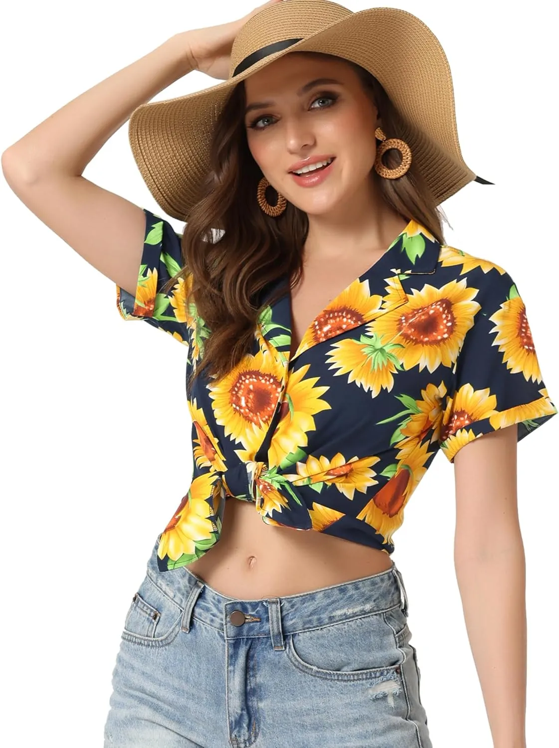 Allegra K Women's Hawaiian Shirt Floral Leaves Printed Short Sleeve Top Tropical Button Down Shirt Summer Fashion 2024