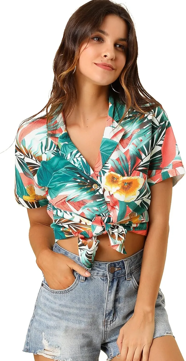 Allegra K Women's Hawaiian Shirt Floral Leaves Printed Short Sleeve Top Tropical Button Down Shirt Summer Fashion 2024