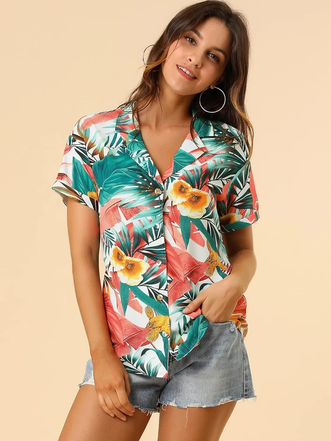 Allegra K Women's Hawaiian Shirt Floral Leaves Printed Short Sleeve Top Tropical Button Down Shirt Summer Fashion 2024