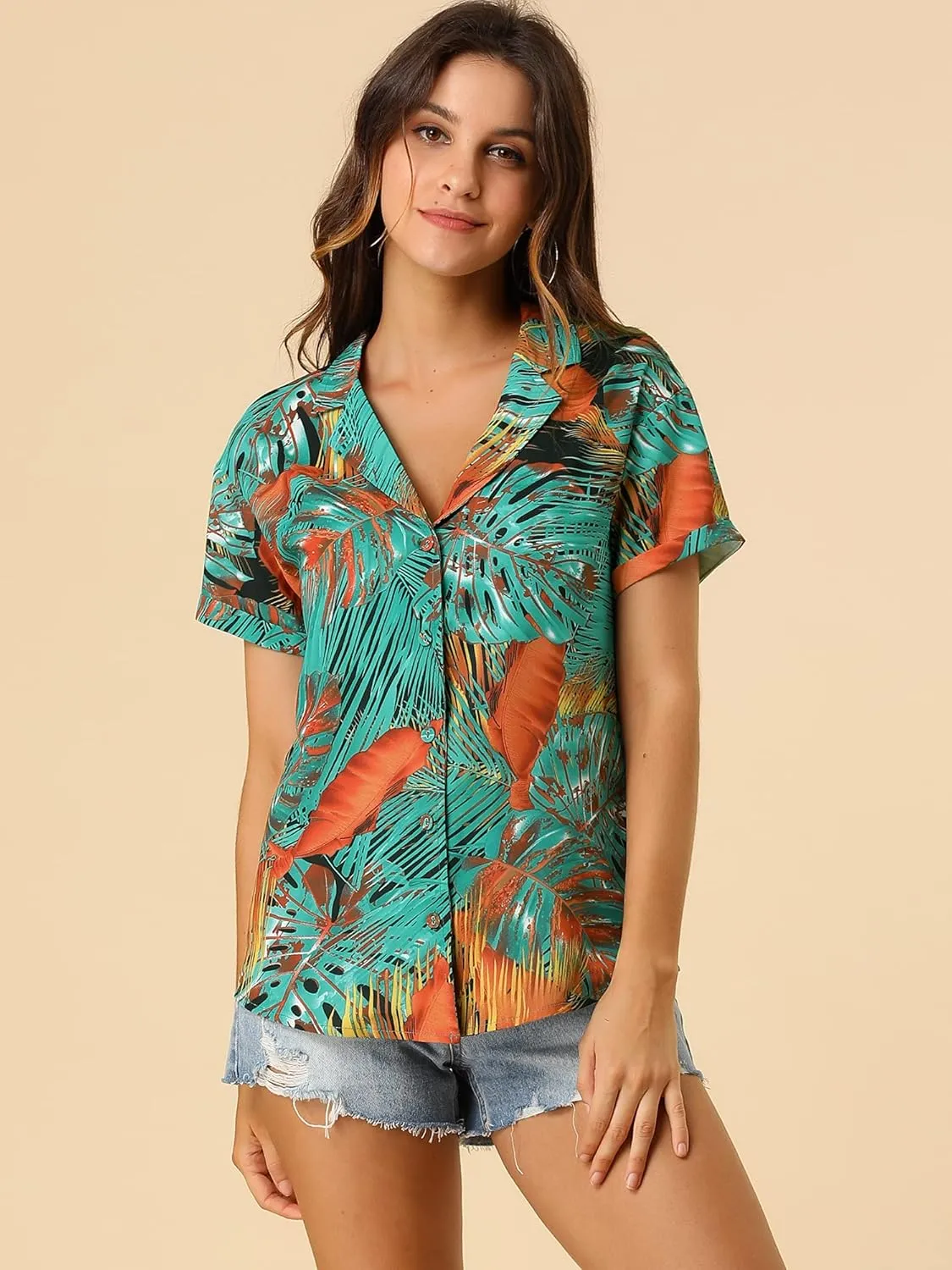 Allegra K Women's Hawaiian Shirt Floral Leaves Printed Short Sleeve Top Tropical Button Down Shirt Summer Fashion 2024