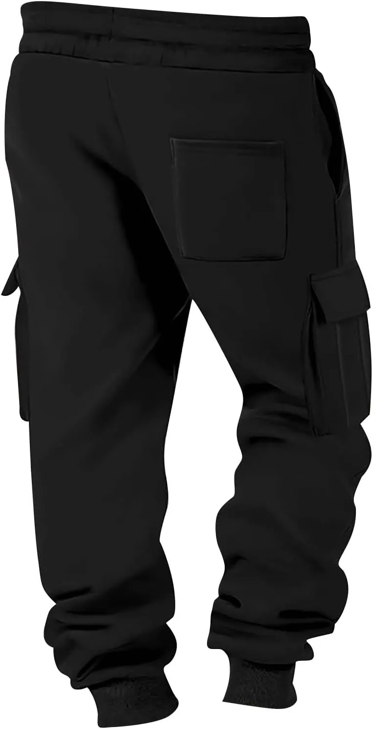 Baggy Cargo Sweatpants for Men Drawstring Waist Fleece Lined Joggers with Pockets Soft Athletic Workout Track Pants