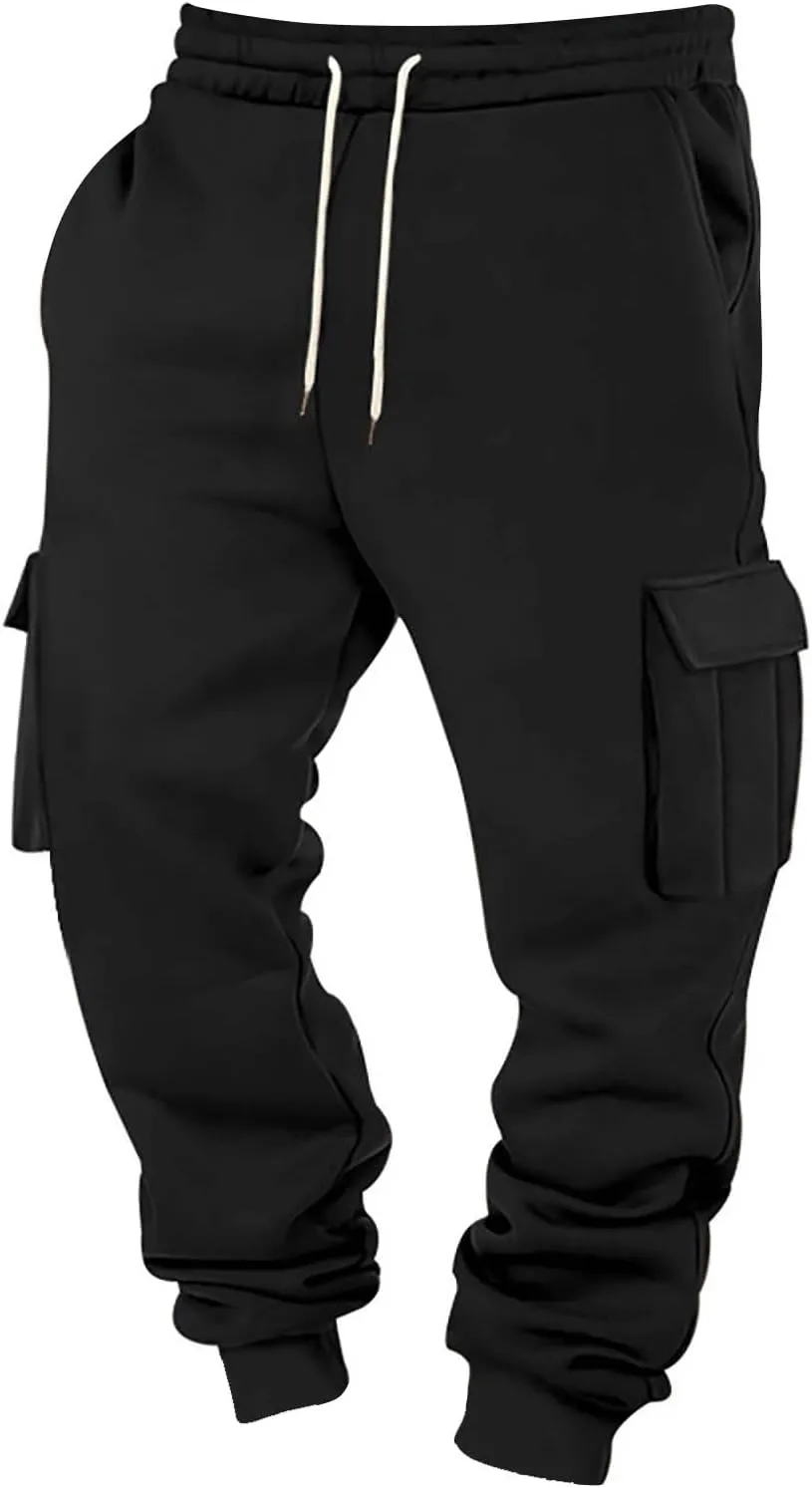 Baggy Cargo Sweatpants for Men Drawstring Waist Fleece Lined Joggers with Pockets Soft Athletic Workout Track Pants