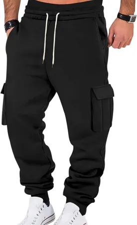 Baggy Cargo Sweatpants for Men Drawstring Waist Fleece Lined Joggers with Pockets Soft Athletic Workout Track Pants
