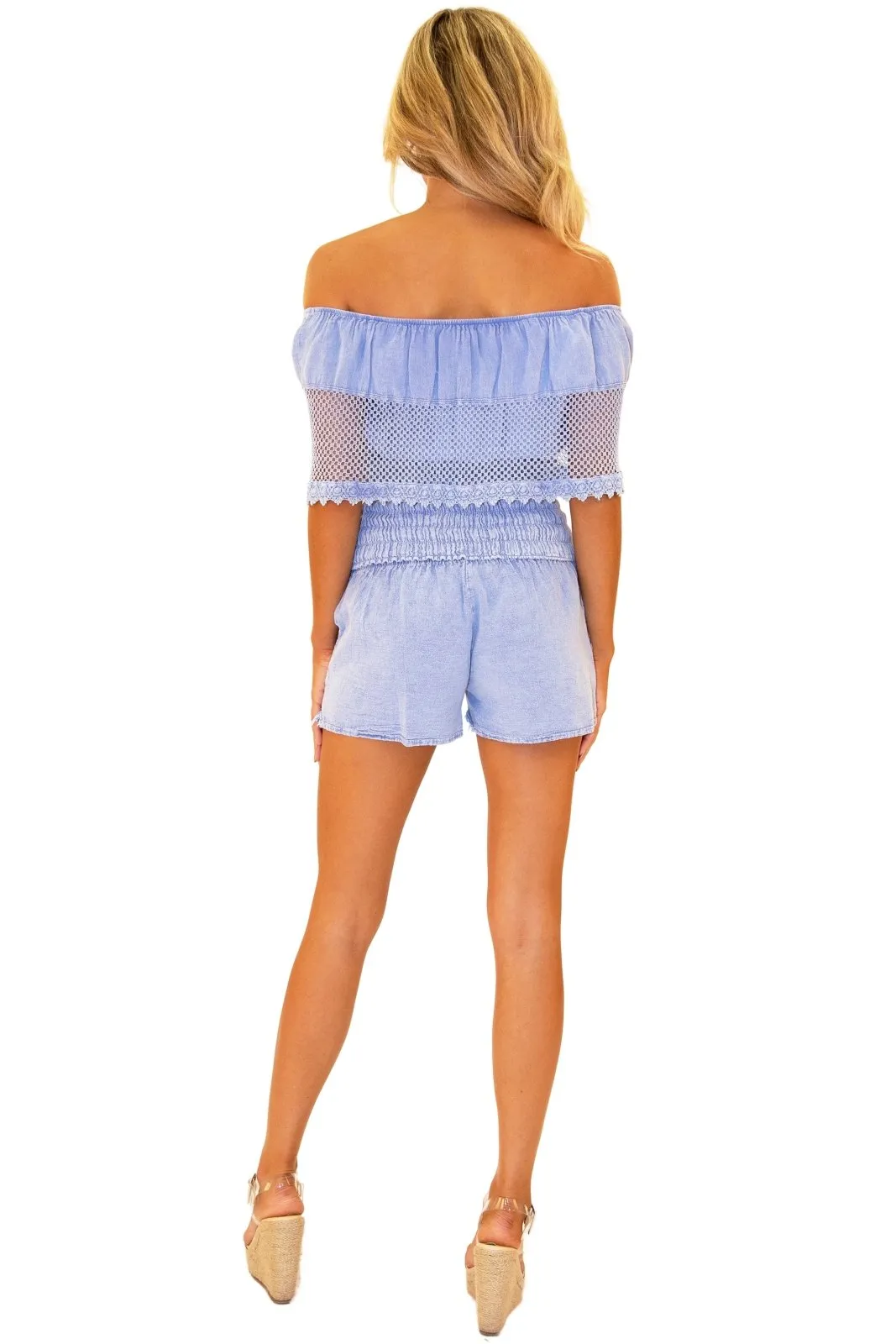 'Bay' Off Shoulder Mesh Top Blue
