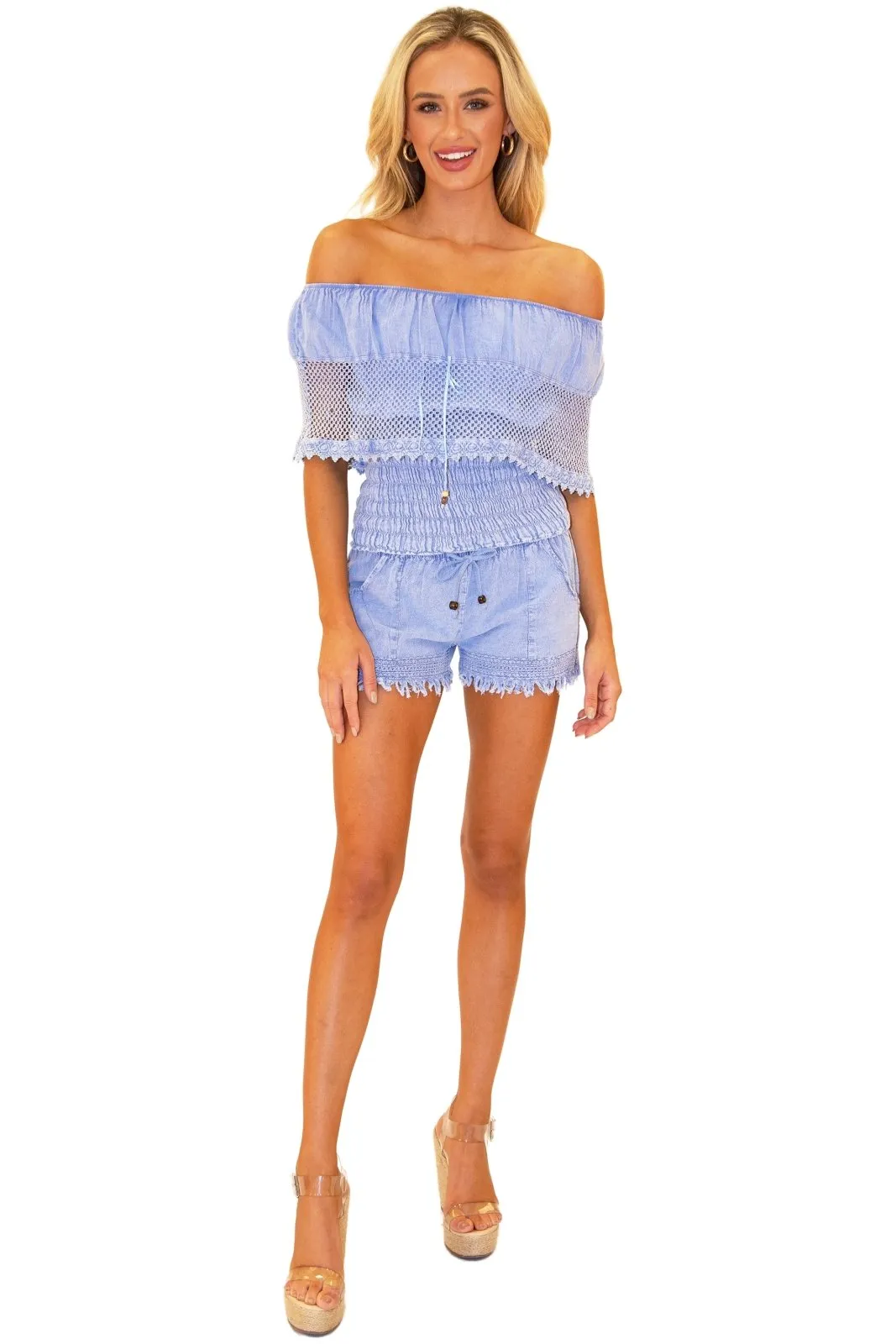 'Bay' Off Shoulder Mesh Top Blue