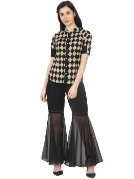 Black printed half sleeve cotton shirt with black georgette sharara