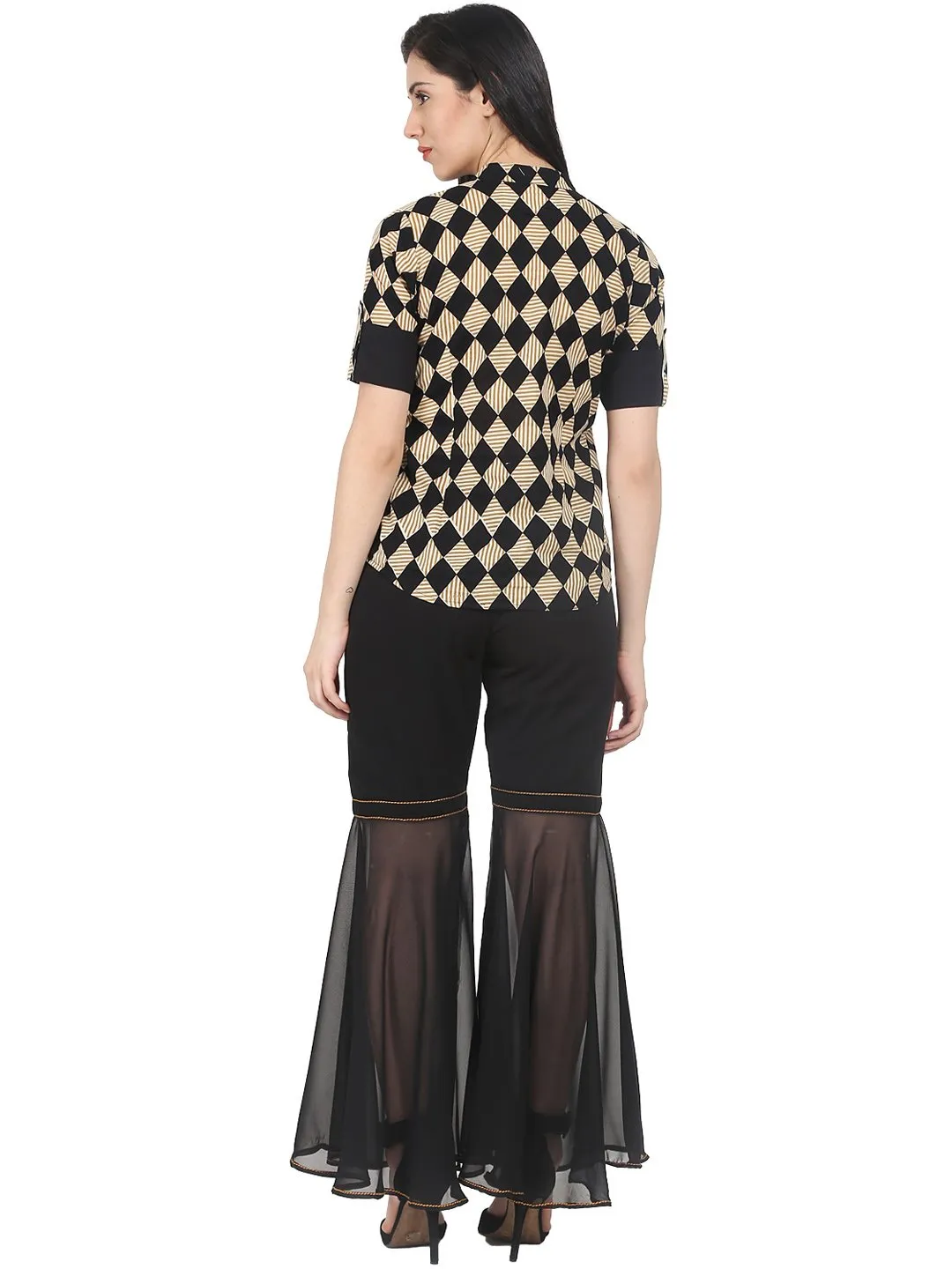 Black printed half sleeve cotton shirt with black georgette sharara