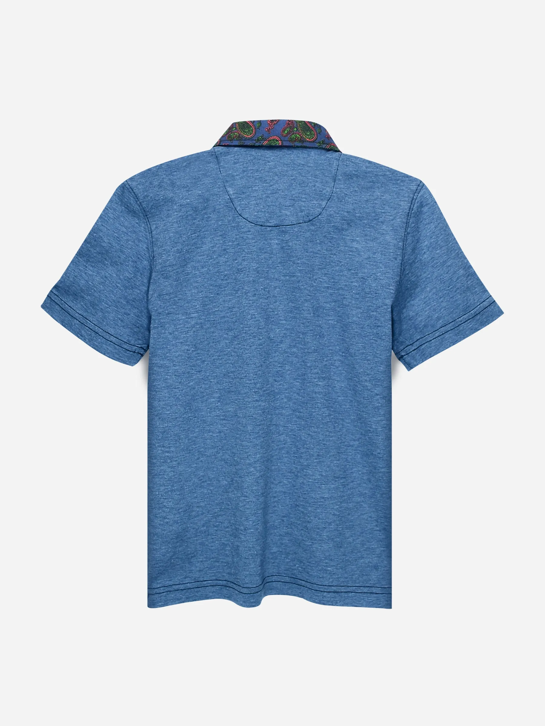 Blue Melange Casual Polo With Floral Collar