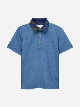 Blue Melange Casual Polo With Floral Collar