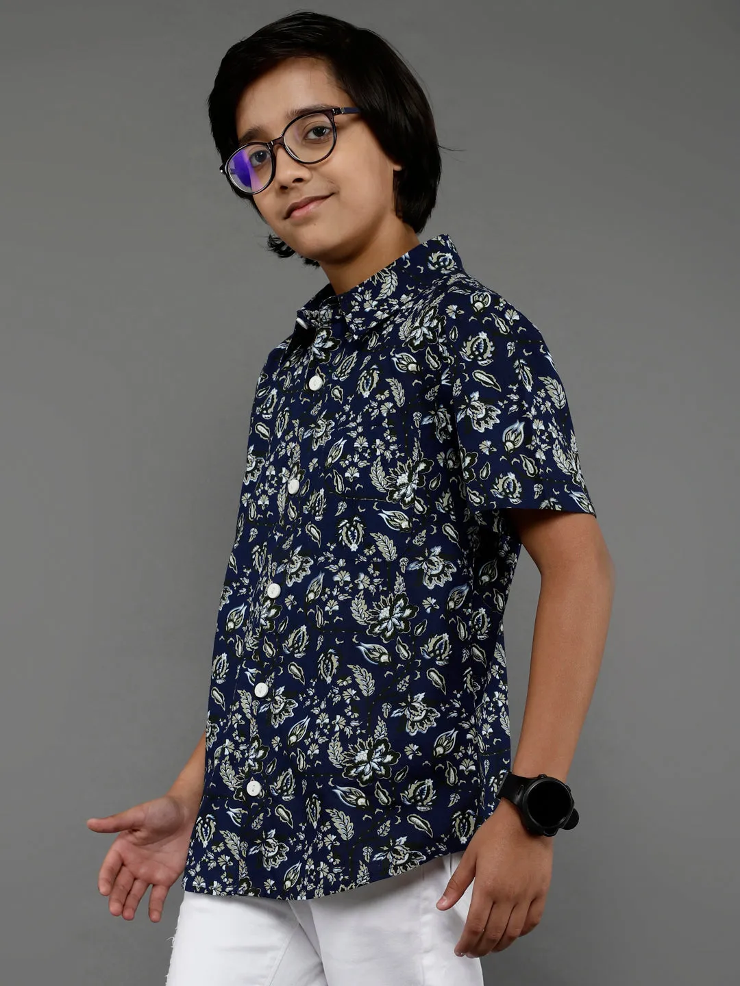 Boy's Navy Blue Printed Shirt - Aks Boys