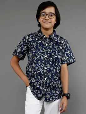 Boy's Navy Blue Printed Shirt - Aks Boys