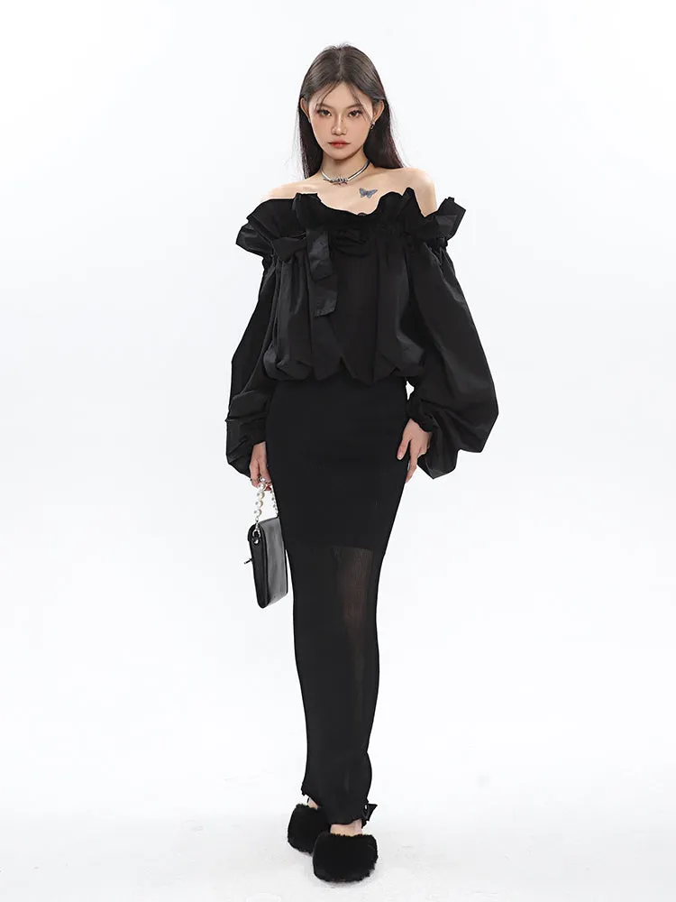 Caroline Solid Color Ruffle V-Neck Off-the-Shoulder Long Sleeve Blouse Top