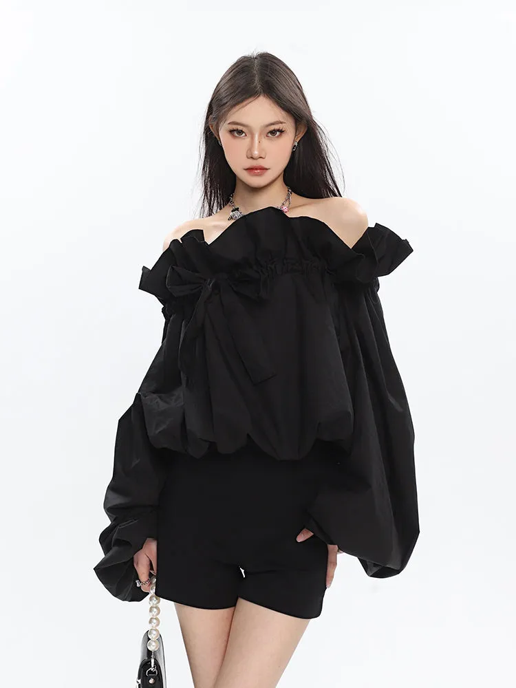 Caroline Solid Color Ruffle V-Neck Off-the-Shoulder Long Sleeve Blouse Top