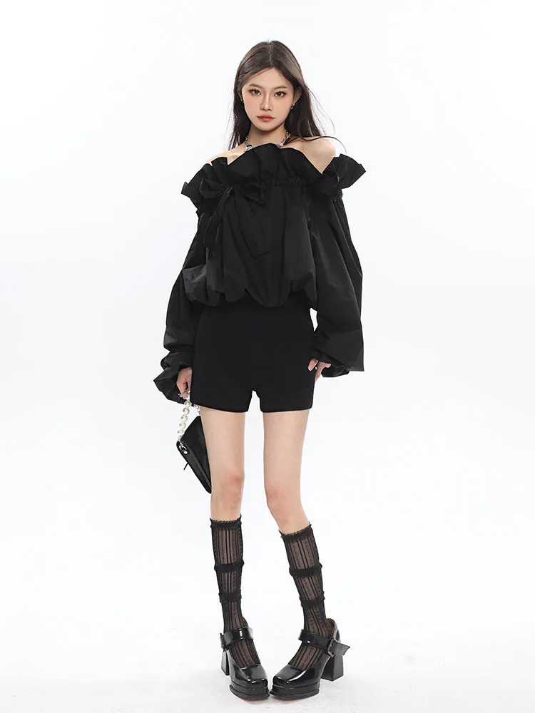 Caroline Solid Color Ruffle V-Neck Off-the-Shoulder Long Sleeve Blouse Top