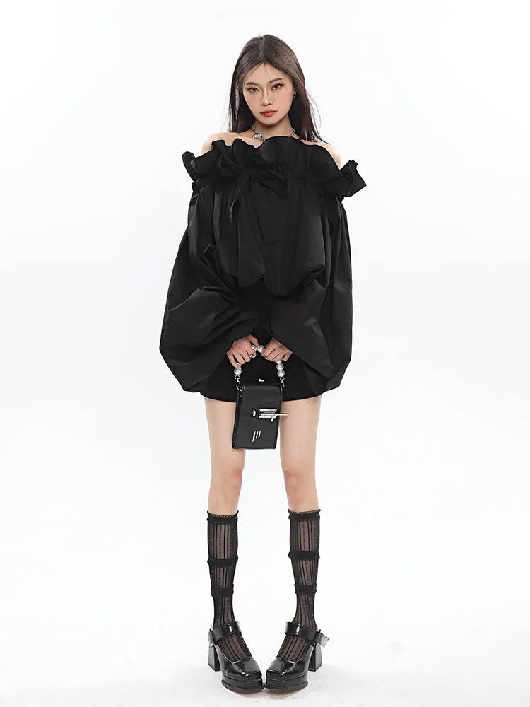 Caroline Solid Color Ruffle V-Neck Off-the-Shoulder Long Sleeve Blouse Top