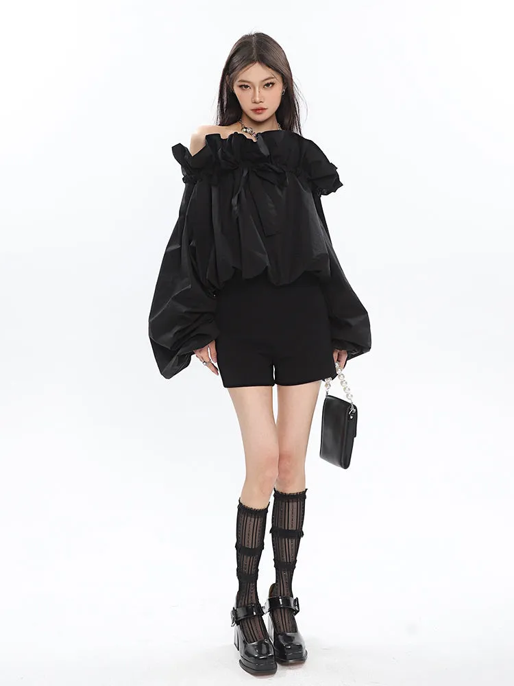 Caroline Solid Color Ruffle V-Neck Off-the-Shoulder Long Sleeve Blouse Top