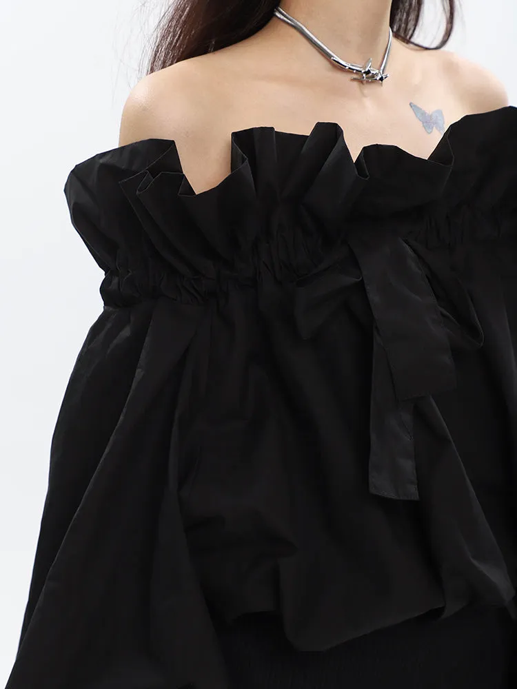 Caroline Solid Color Ruffle V-Neck Off-the-Shoulder Long Sleeve Blouse Top