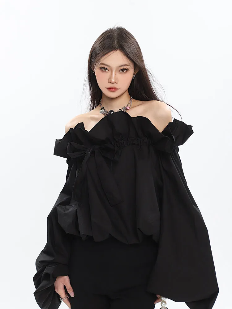 Caroline Solid Color Ruffle V-Neck Off-the-Shoulder Long Sleeve Blouse Top