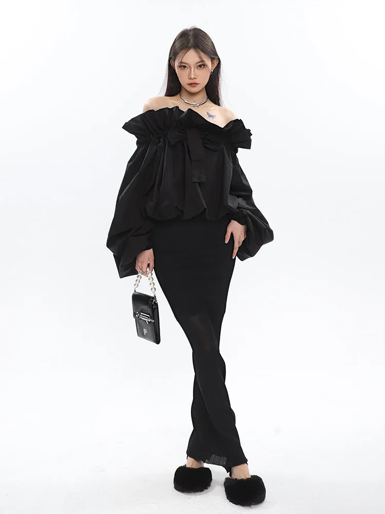 Caroline Solid Color Ruffle V-Neck Off-the-Shoulder Long Sleeve Blouse Top