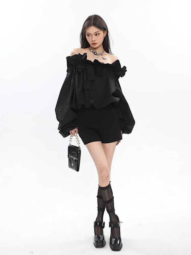 Caroline Solid Color Ruffle V-Neck Off-the-Shoulder Long Sleeve Blouse Top