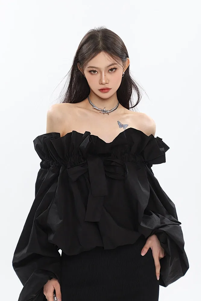 Caroline Solid Color Ruffle V-Neck Off-the-Shoulder Long Sleeve Blouse Top