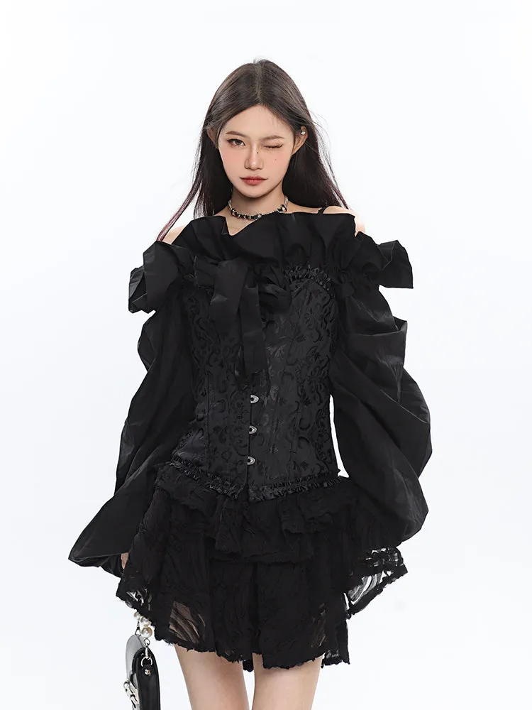 Caroline Solid Color Ruffle V-Neck Off-the-Shoulder Long Sleeve Blouse Top