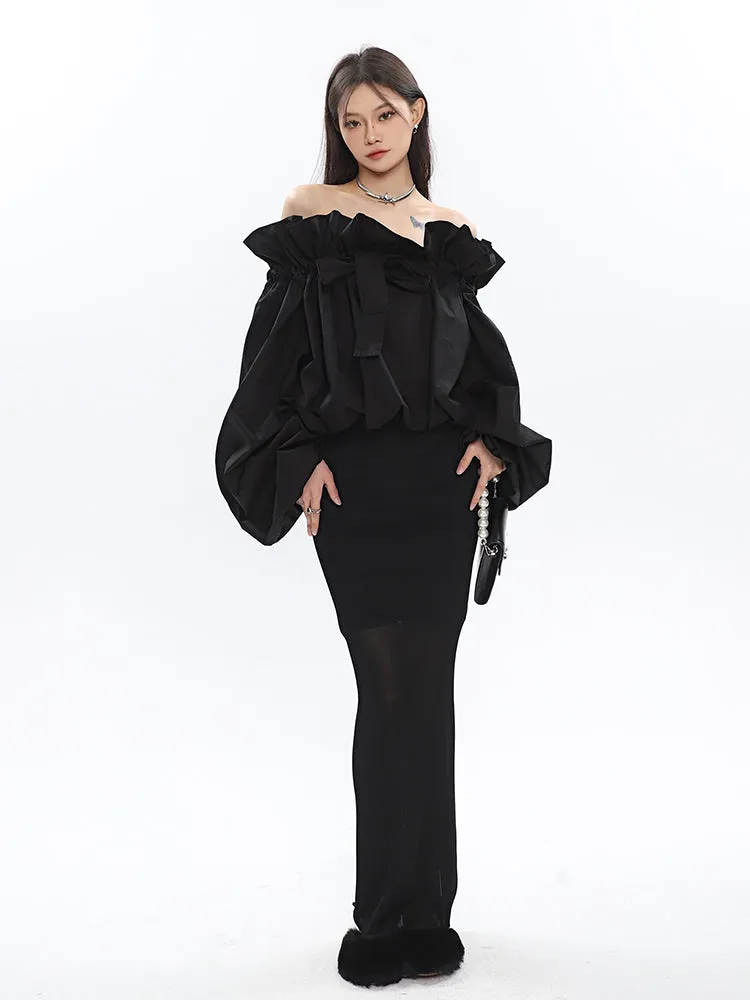 Caroline Solid Color Ruffle V-Neck Off-the-Shoulder Long Sleeve Blouse Top