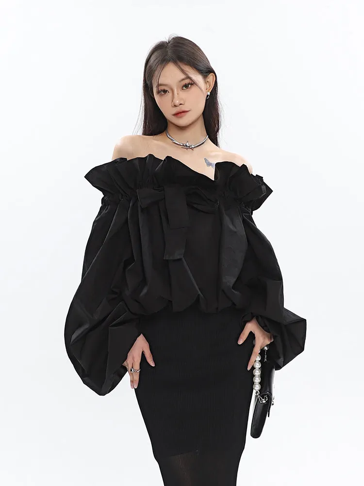 Caroline Solid Color Ruffle V-Neck Off-the-Shoulder Long Sleeve Blouse Top