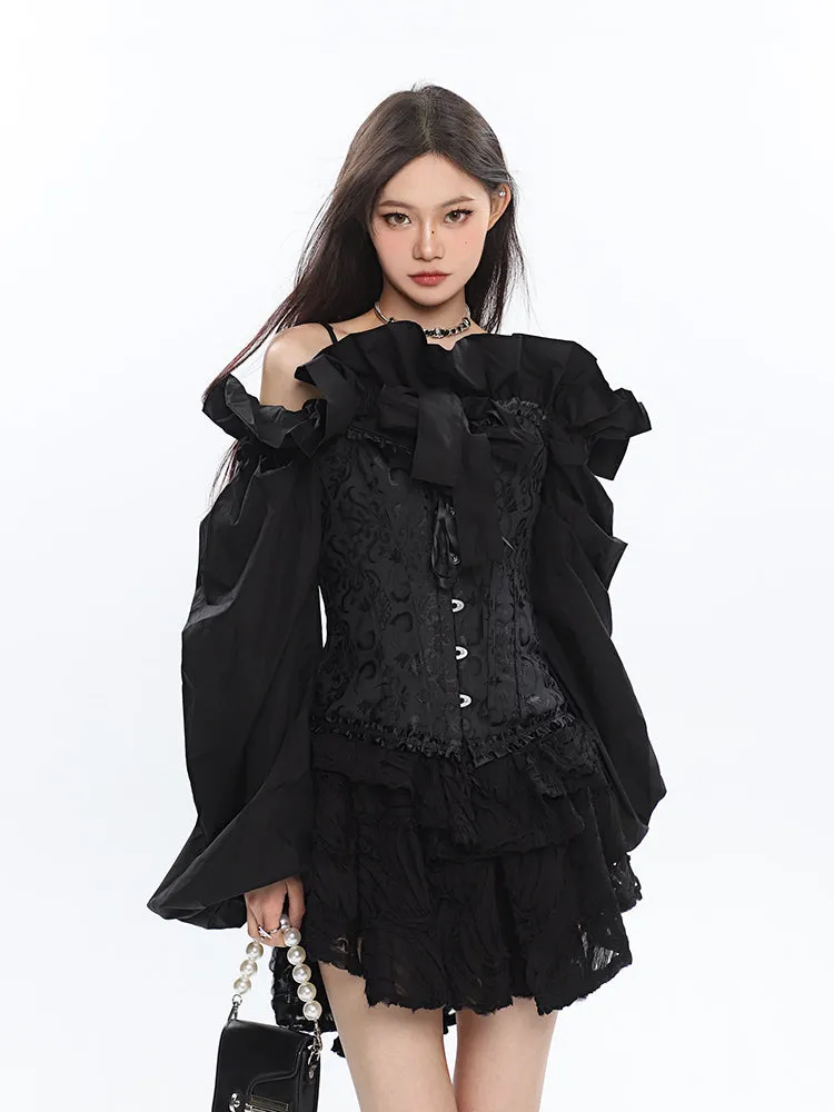 Caroline Solid Color Ruffle V-Neck Off-the-Shoulder Long Sleeve Blouse Top