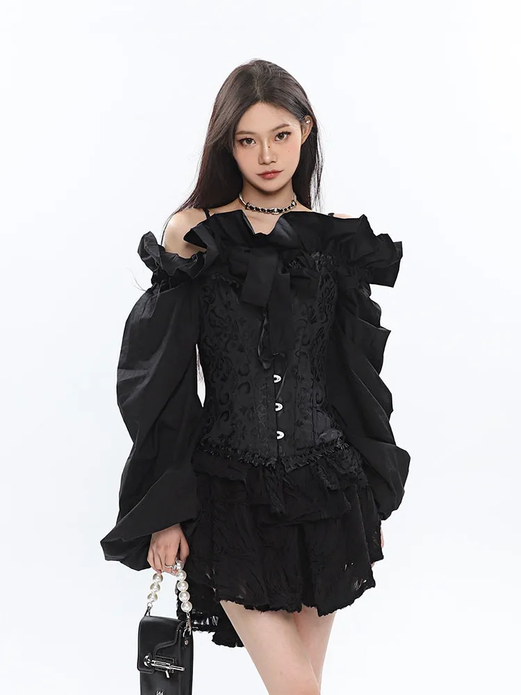 Caroline Solid Color Ruffle V-Neck Off-the-Shoulder Long Sleeve Blouse Top