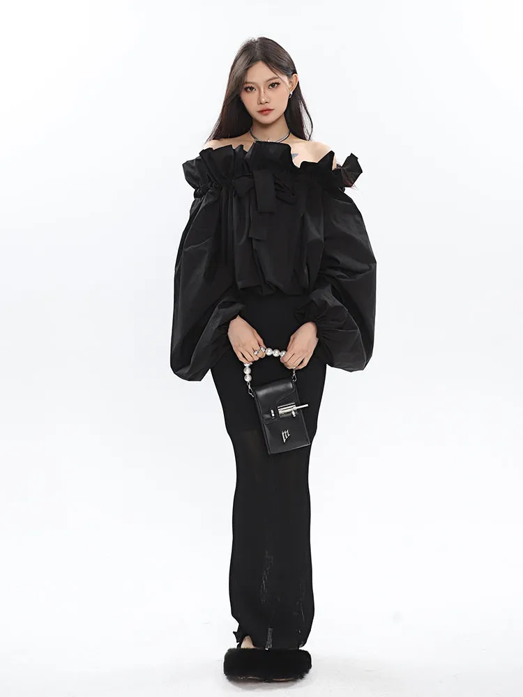 Caroline Solid Color Ruffle V-Neck Off-the-Shoulder Long Sleeve Blouse Top